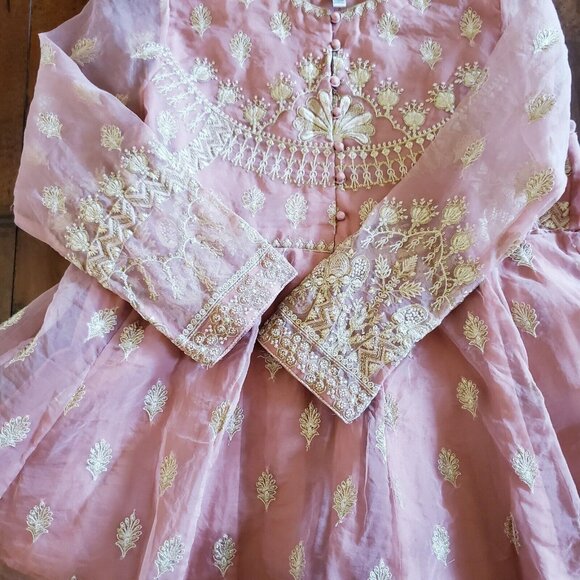 Women's Powder Coral Organza Gold Embroidery Yok Flare And Sleeves Peplum Top - Picture 5 of 14